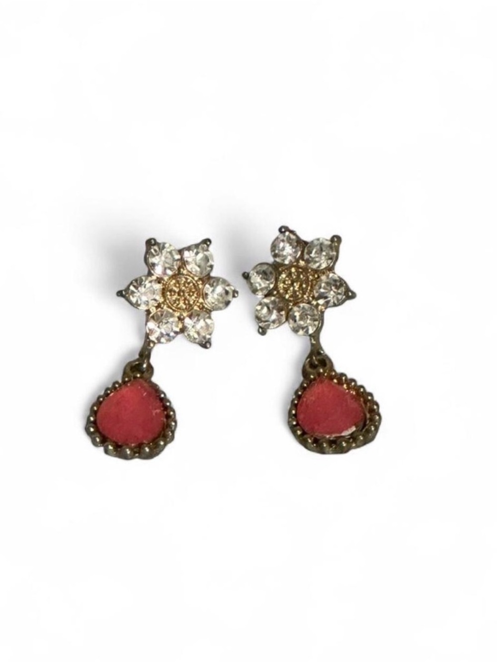 Gold-Tone Crystal Flower Earrings with Pink Teardrop Drops
